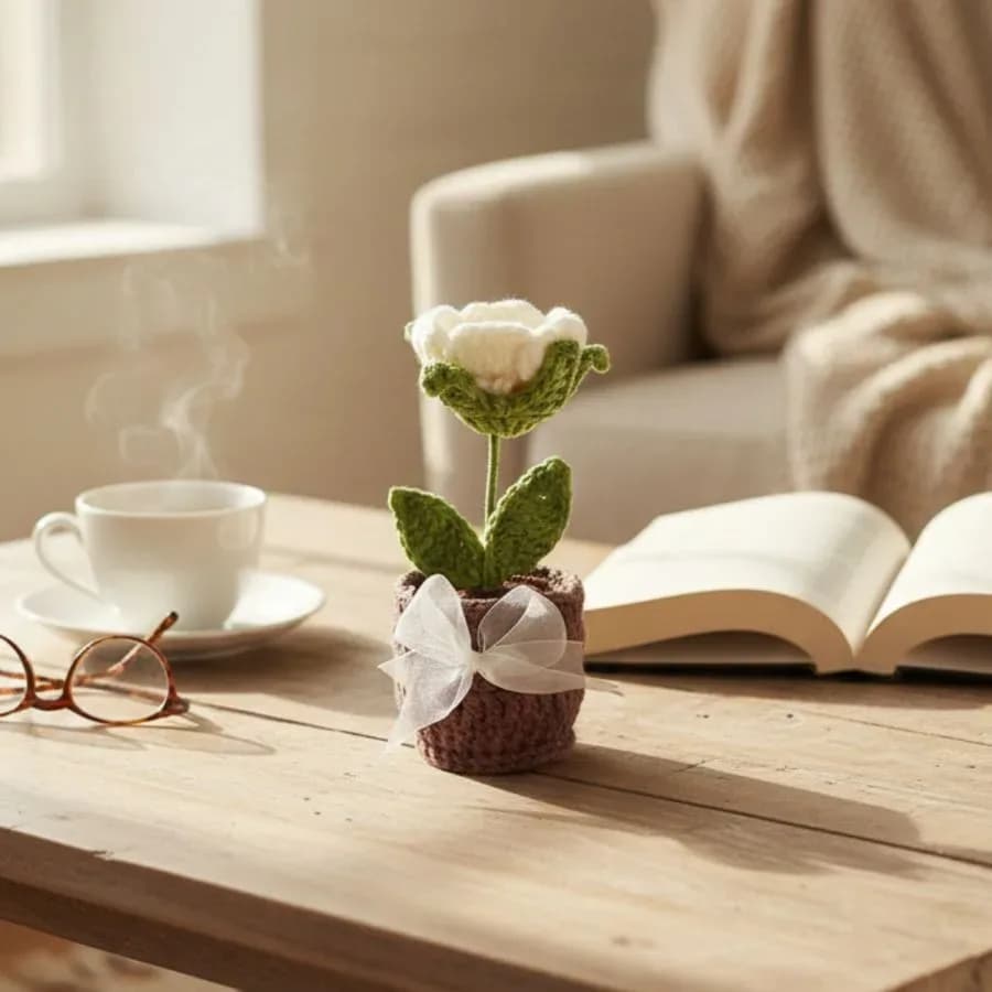 Handmade Crocheted Potted White Flower
