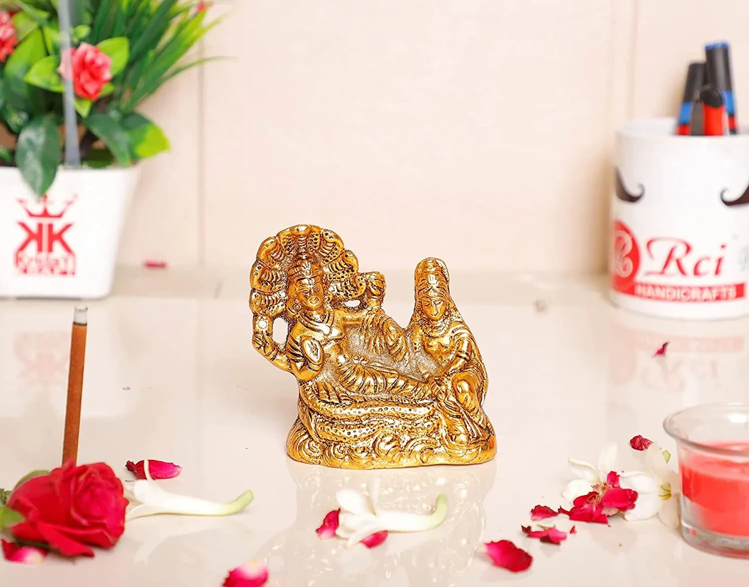 DreamKraft Gold-Plated Metal Laxmi Narayan on Sheshnag Showpiece Figurine (Standard Size)