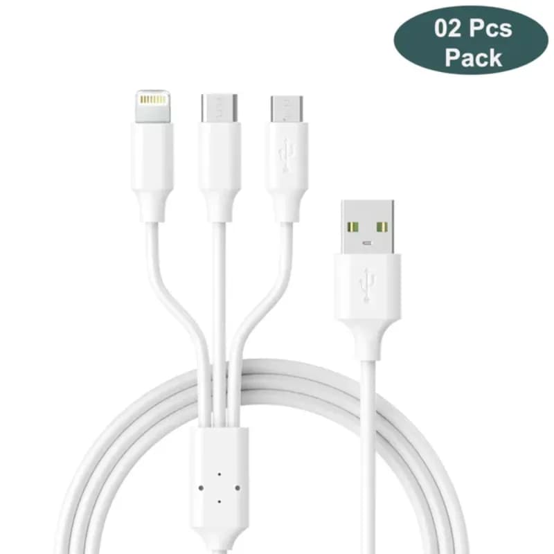 La'Forte 3-in-1 PVC Soft Charging Cable, 1.3 m (Micro USB, Type-C, Lightning) – White, Pack of 2