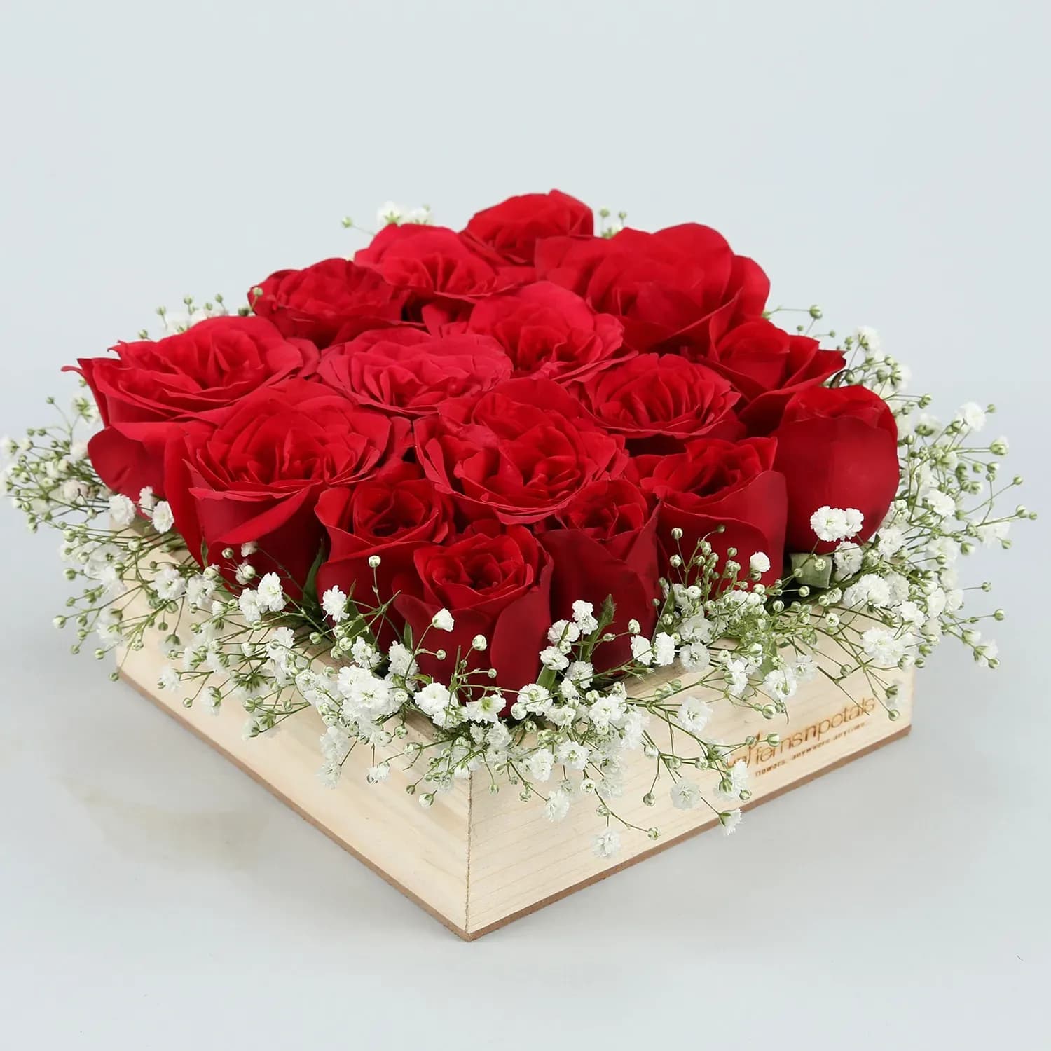 Red Roses Arrangement in Wooden Base