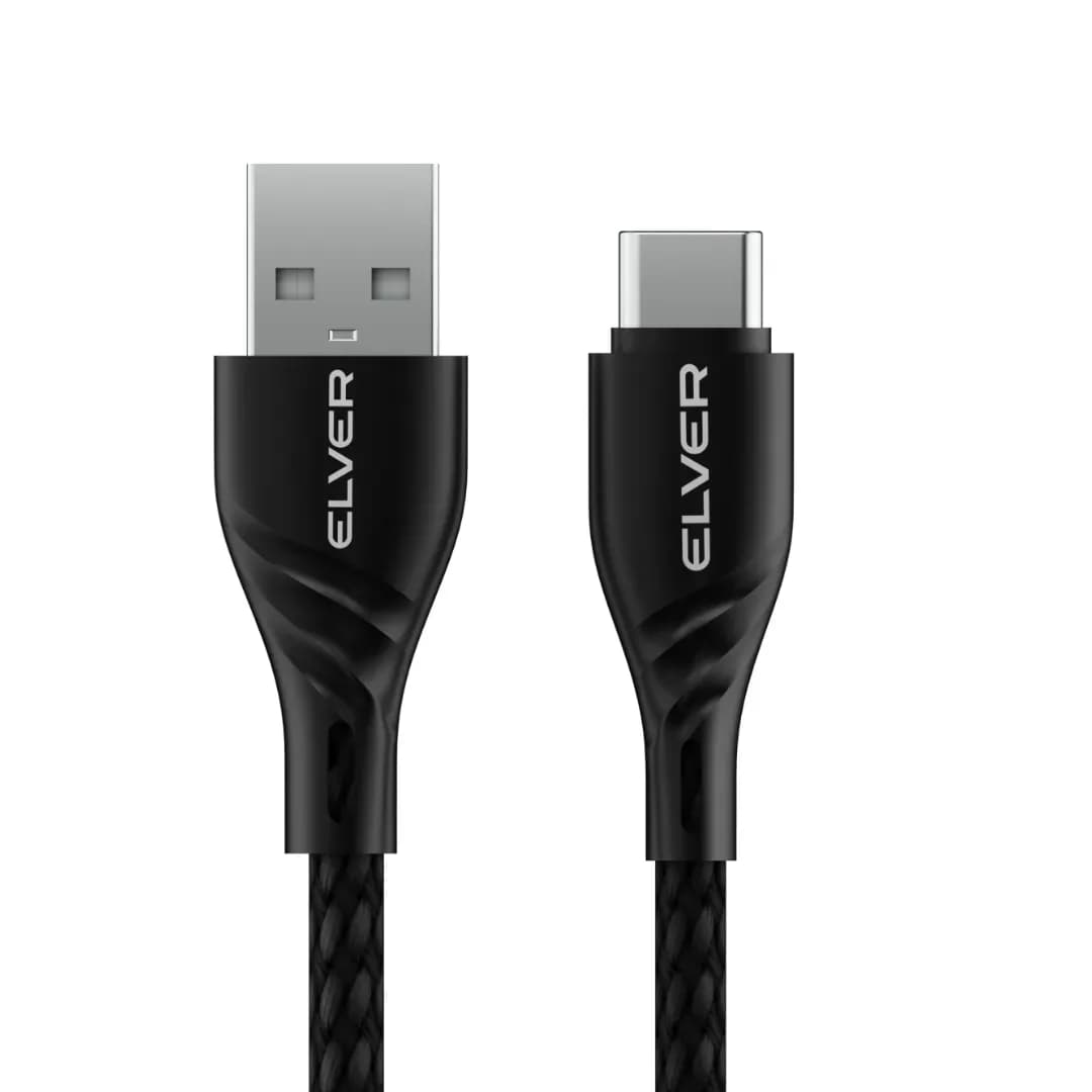 Elver USB-A to USB-C Cable, 100W Fast Charging, 1.2 m, 480Mbps Transfer Speed, Tangle-Free - Black