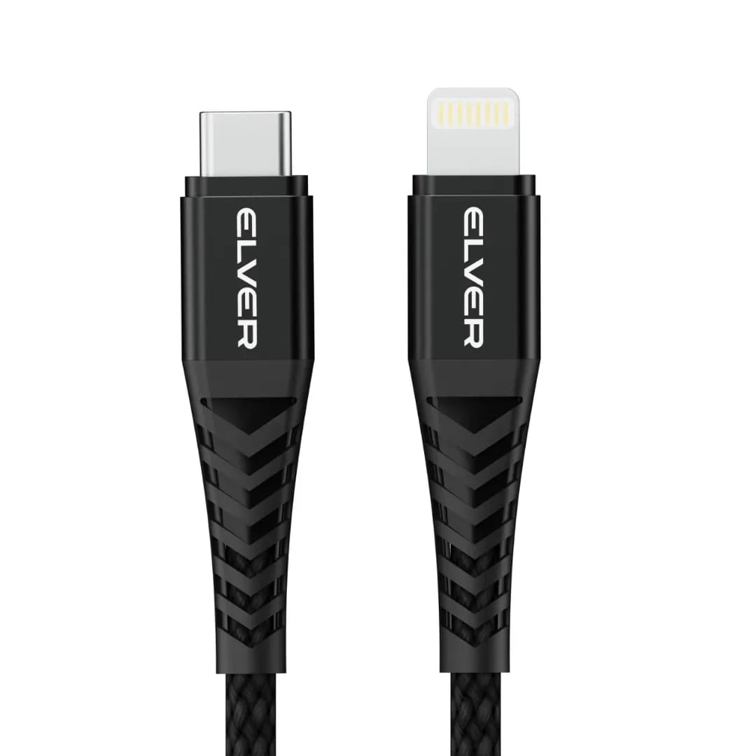 Elver USB-C to Lightning Cable, 27W Fast Charging, 1.2m Length, 480Mbps Data Speed, Tangle-Free - Black