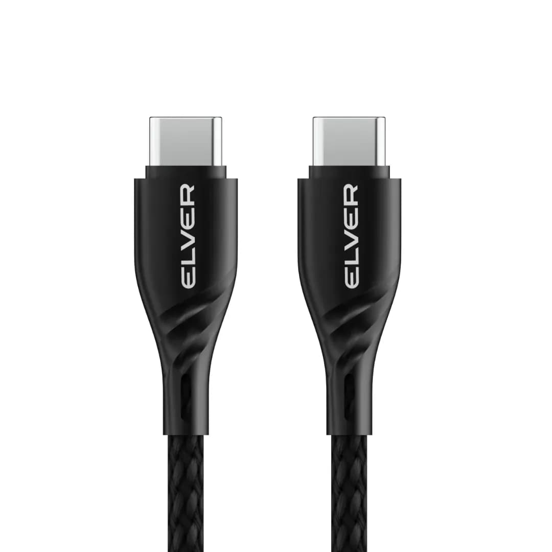 Elver USB-C to USB-C Cable, 65W Fast Charging, 1.2M Length, 480Mbps Data Speed, Tangle-Free - Black