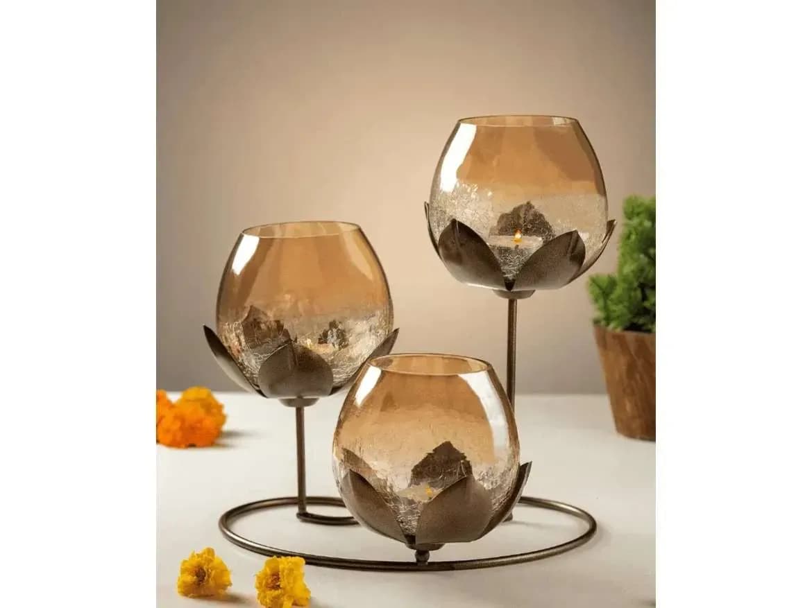 Triple Lotus Candle Holder with 3 Gold Glasses