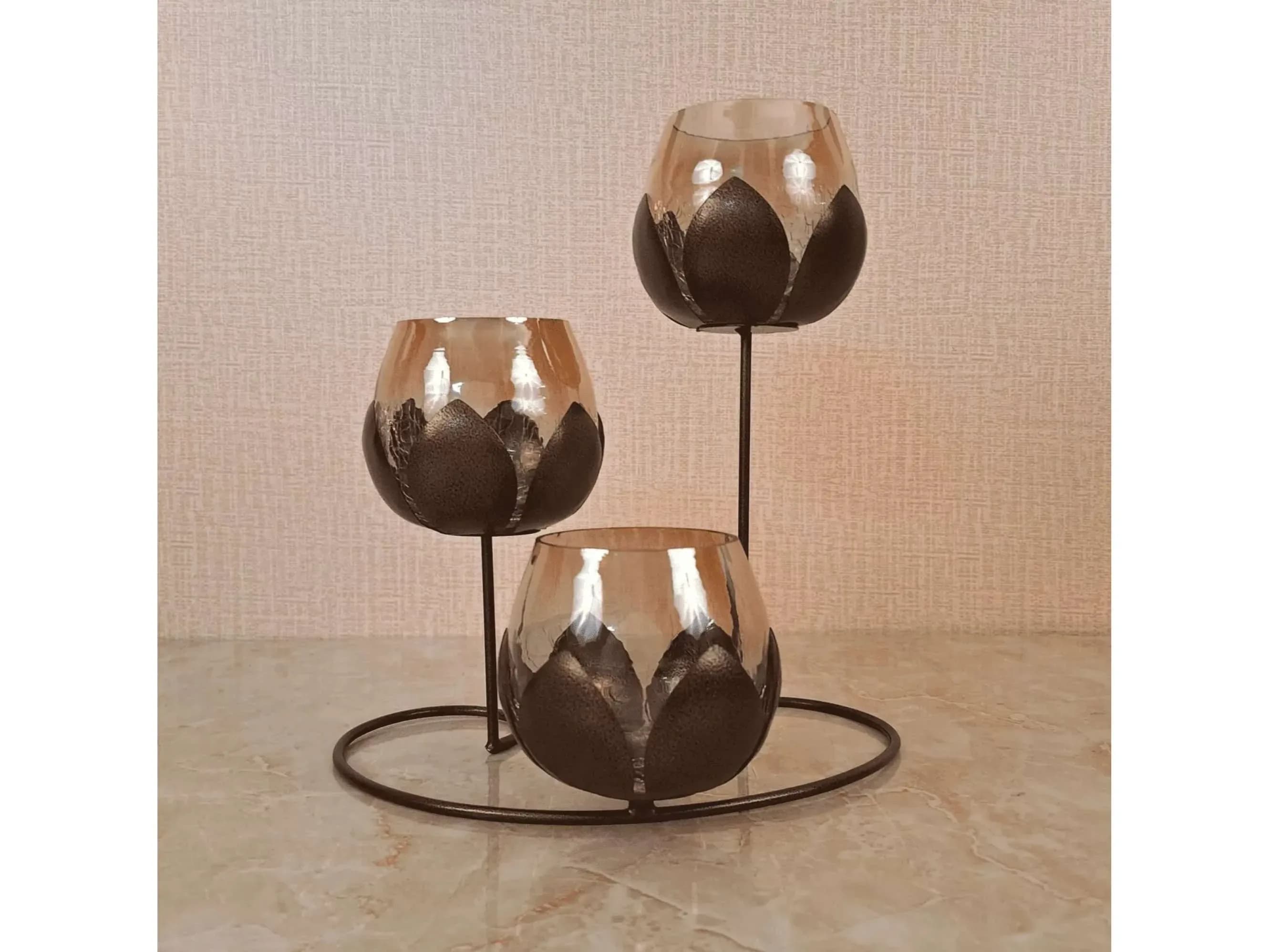 Triple Lotus Candle Holder with 3 Gold Glasses