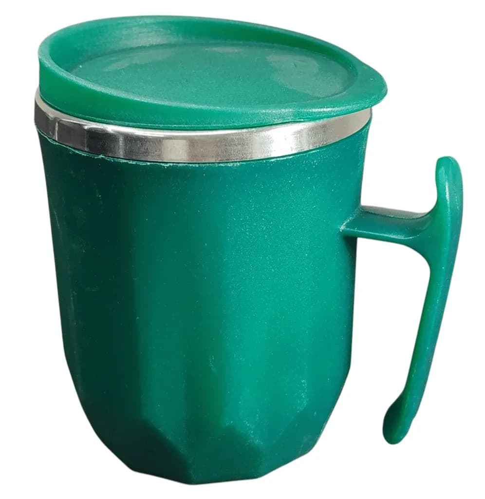 Double Walled Green Plastic and Steel Coffee Mug with Lid